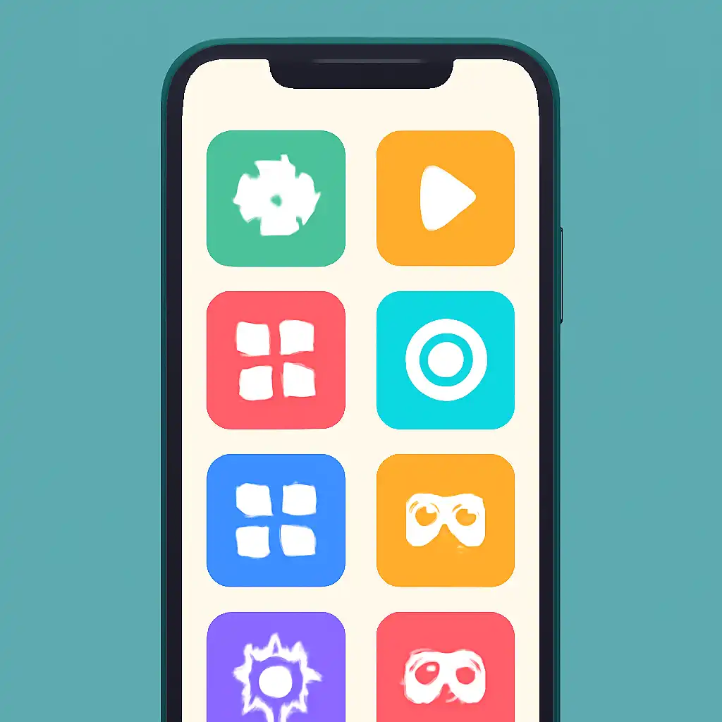 Smartphone shown from the front displaying a colourful flat layout of abstract game icons and rounded tiles (no text, no letters, no labels), 91 Club