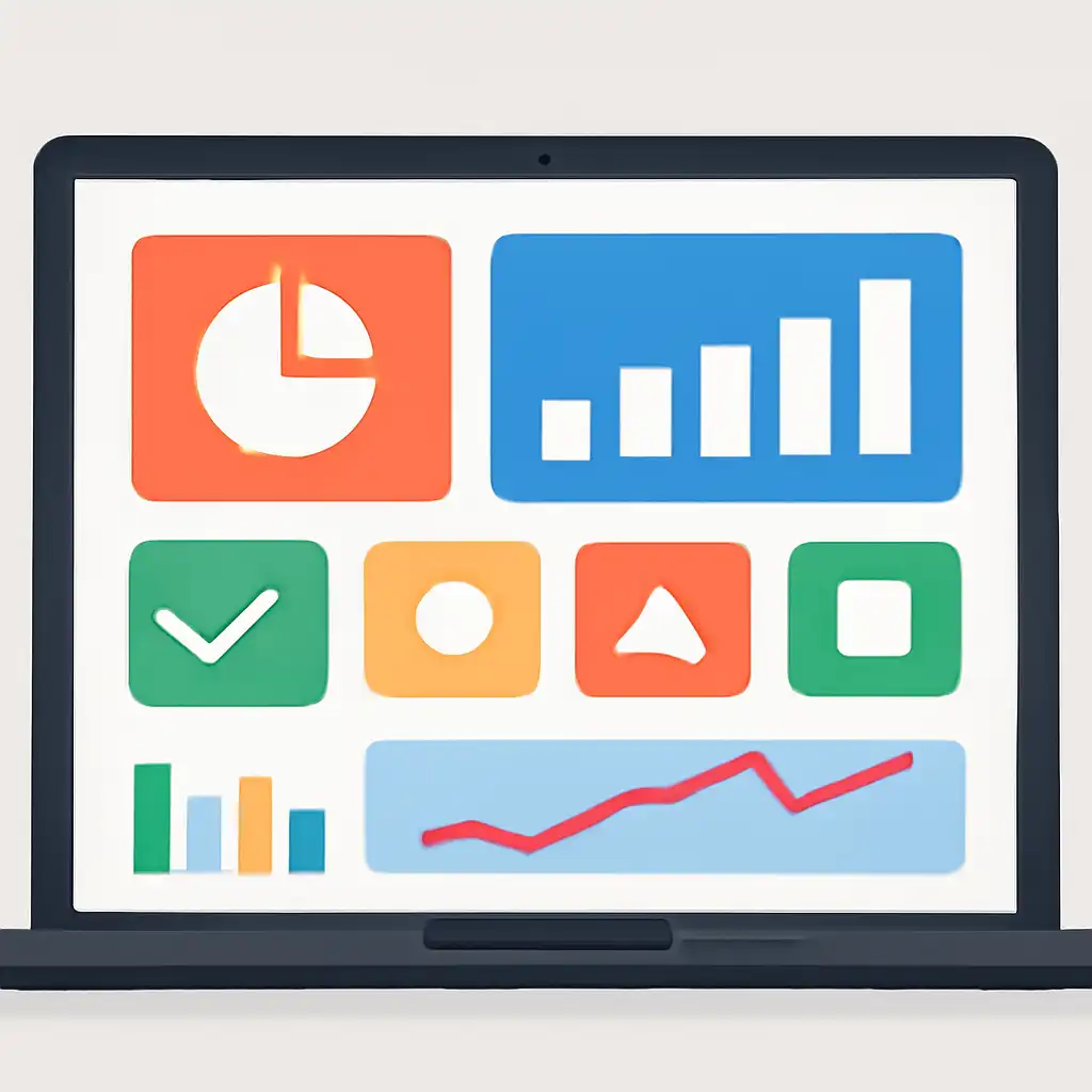 Laptop shown from the front displaying a colourful flat dashboard of abstract charts, bars and icon tiles (no text, no letters, no labels), 91 Club