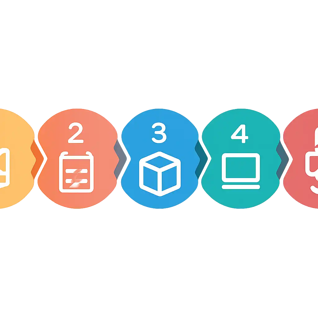 Five numbered circular icons connected by arrows in a horizontal flow, flat illustration, icons only, no words, 91 Club steps