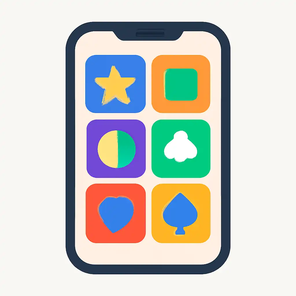 Smartphone shown from the front displaying a colourful flat layout of abstract game icons and rounded tiles (no text, no letters, no labels), Star star