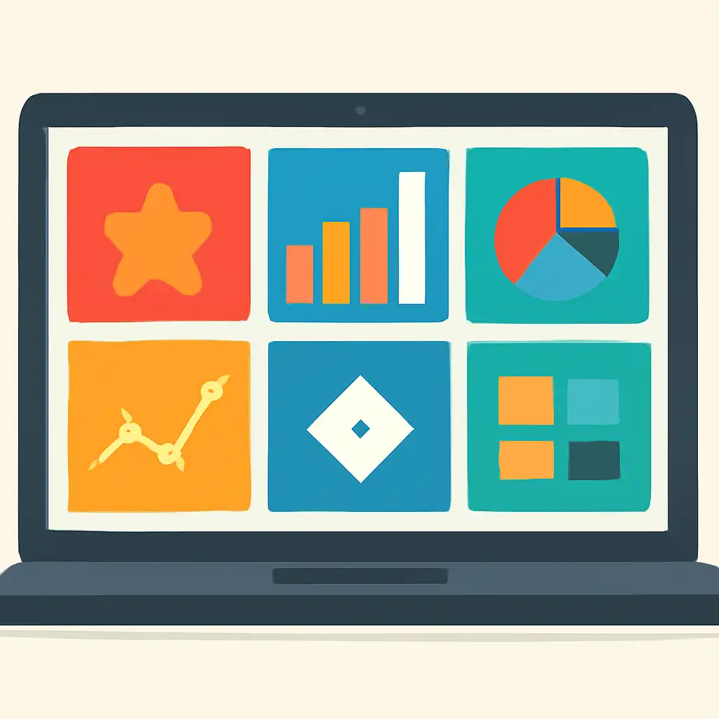 Laptop shown from the front displaying a colourful flat dashboard of abstract charts, bars and icon tiles (no text, no letters, no labels), Star star