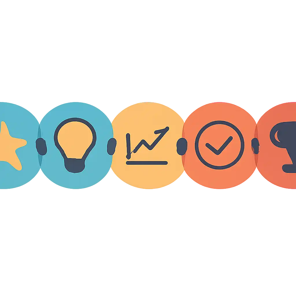 Five numbered circular icons connected by arrows in a horizontal flow, flat illustration, icons only, no words, Star star steps