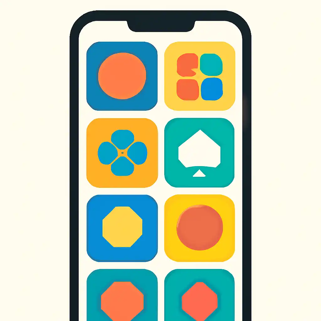 Smartphone shown from the front displaying a colourful flat layout of abstract game icons and rounded tiles (no text, no letters, no labels), Free