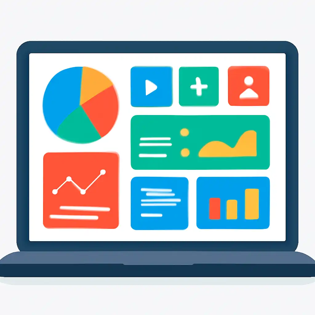 Laptop shown from the front displaying a colourful flat dashboard of abstract charts, bars and icon tiles (no text, no letters, no labels), Free
