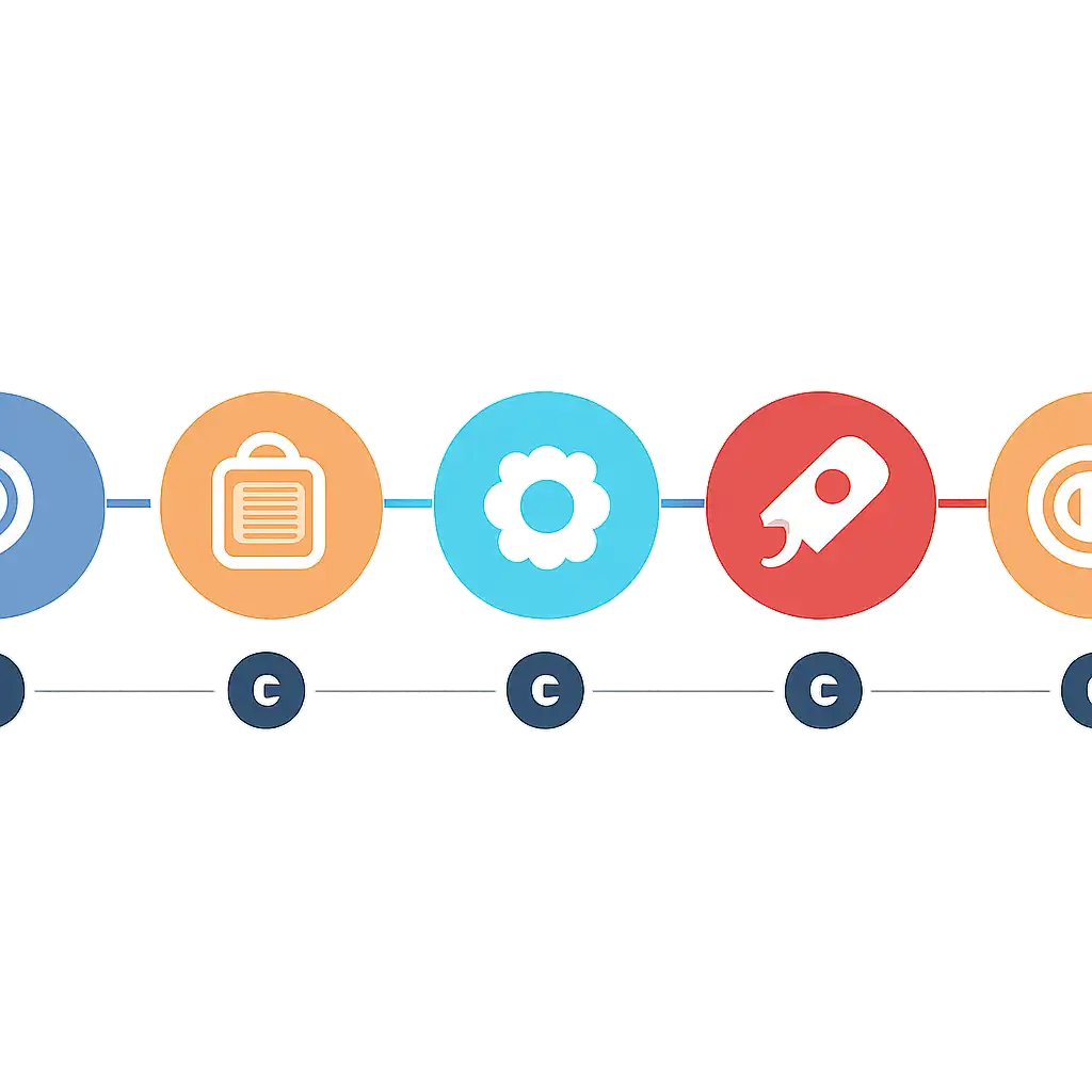 Five numbered circular icons connected by arrows in a horizontal flow, flat illustration, icons only, no words, Free steps
