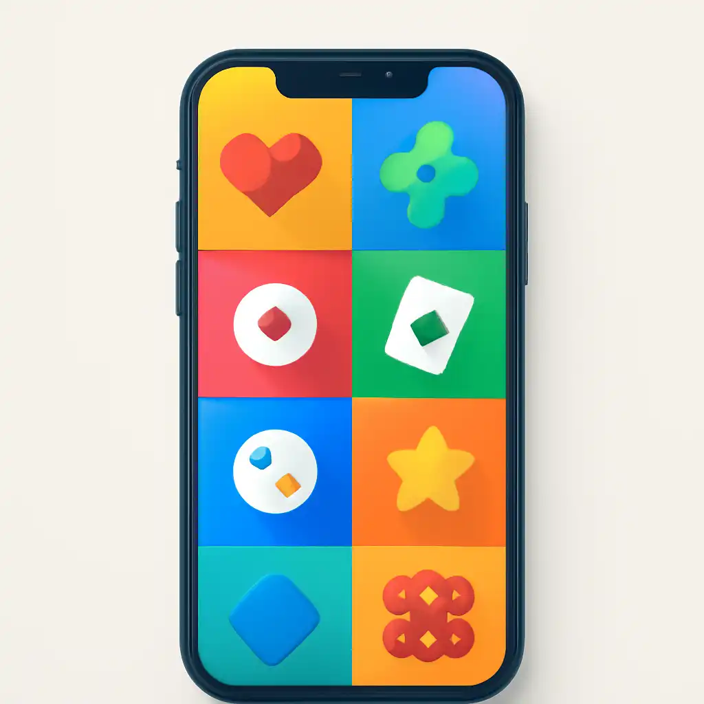 Smartphone shown from the front displaying a colourful flat layout of abstract game icons and rounded tiles (no text, no letters, no labels), Club colour