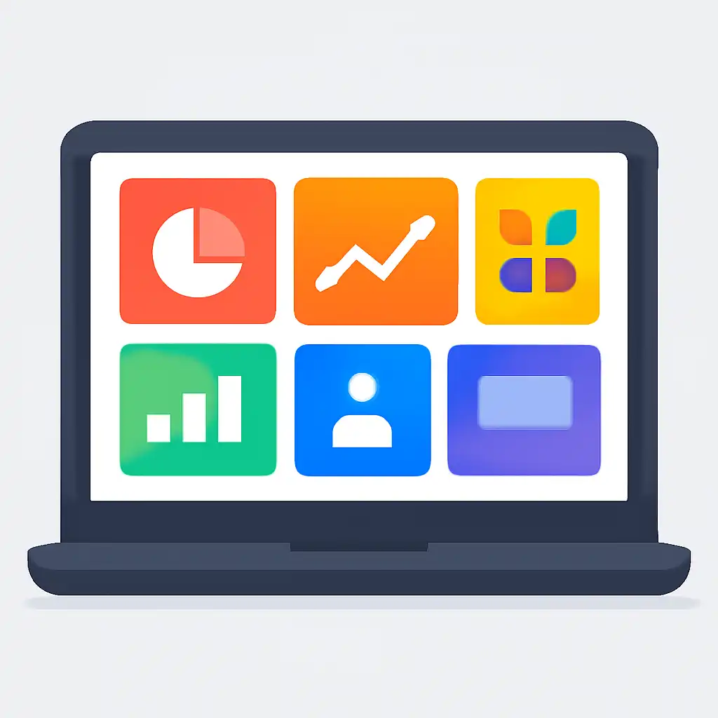 Laptop shown from the front displaying a colourful flat dashboard of abstract charts, bars and icon tiles (no text, no letters, no labels), Club colour