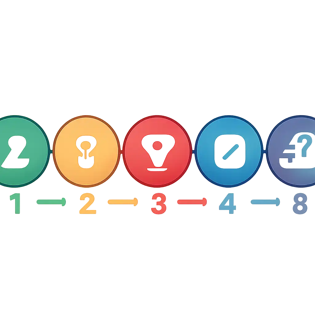 Five numbered circular icons connected by arrows in a horizontal flow, flat illustration, icons only, no words, Club colour steps