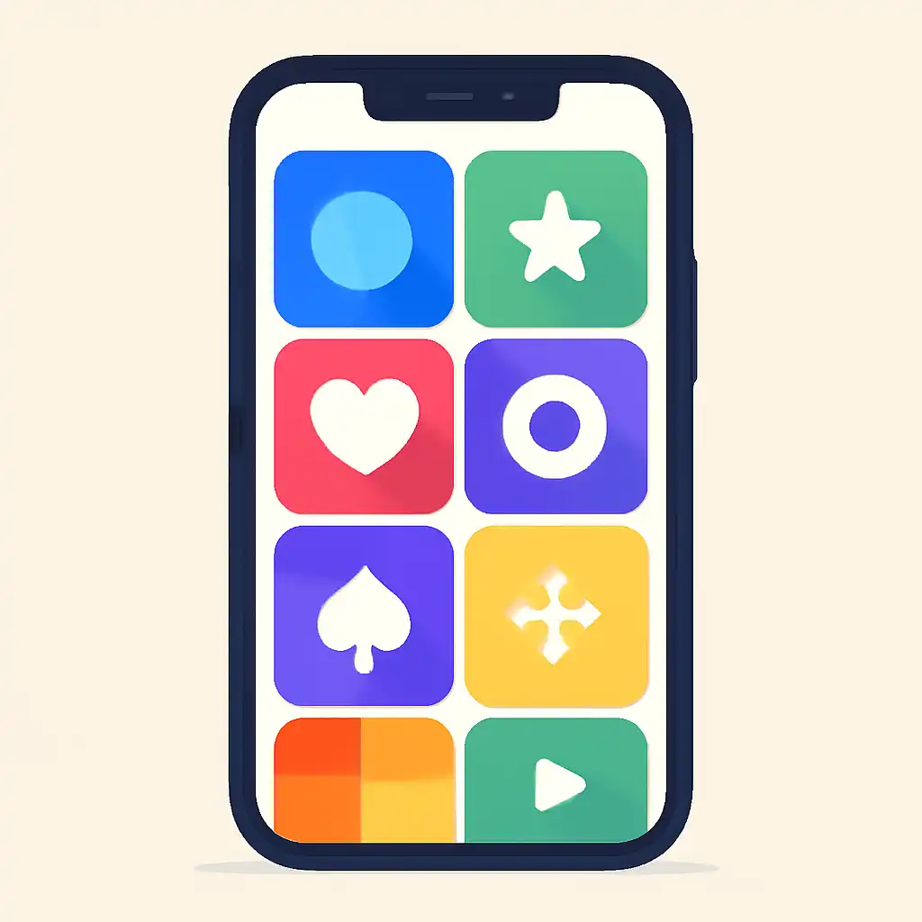 Smartphone shown from the front displaying a colourful flat layout of abstract game icons and rounded tiles (no text, no letters, no labels), Hai