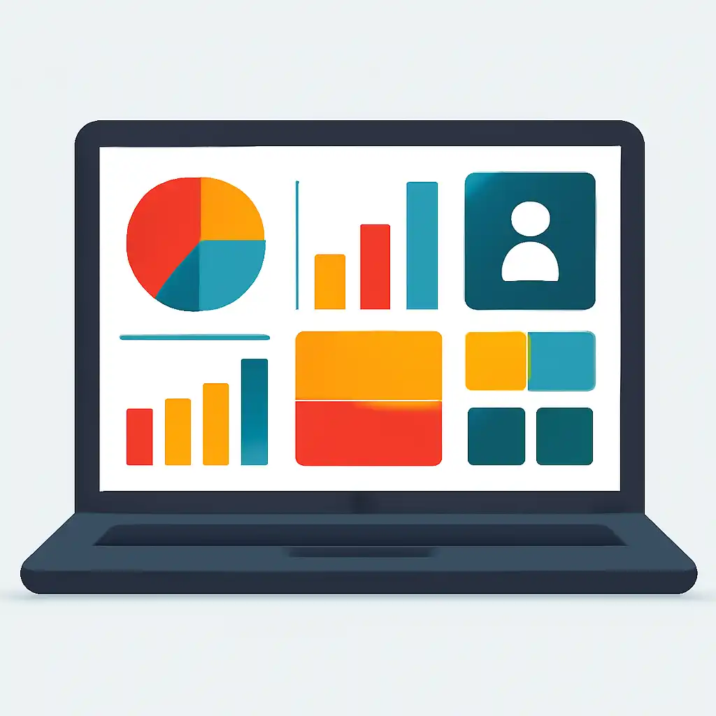 Laptop shown from the front displaying a colourful flat dashboard of abstract charts, bars and icon tiles (no text, no letters, no labels), Hai
