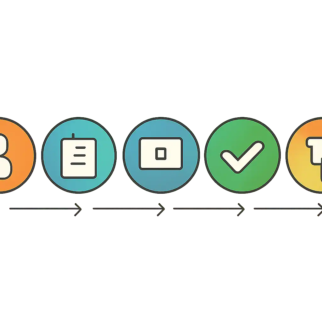 Five numbered circular icons connected by arrows in a horizontal flow, flat illustration, icons only, no words, Hai steps