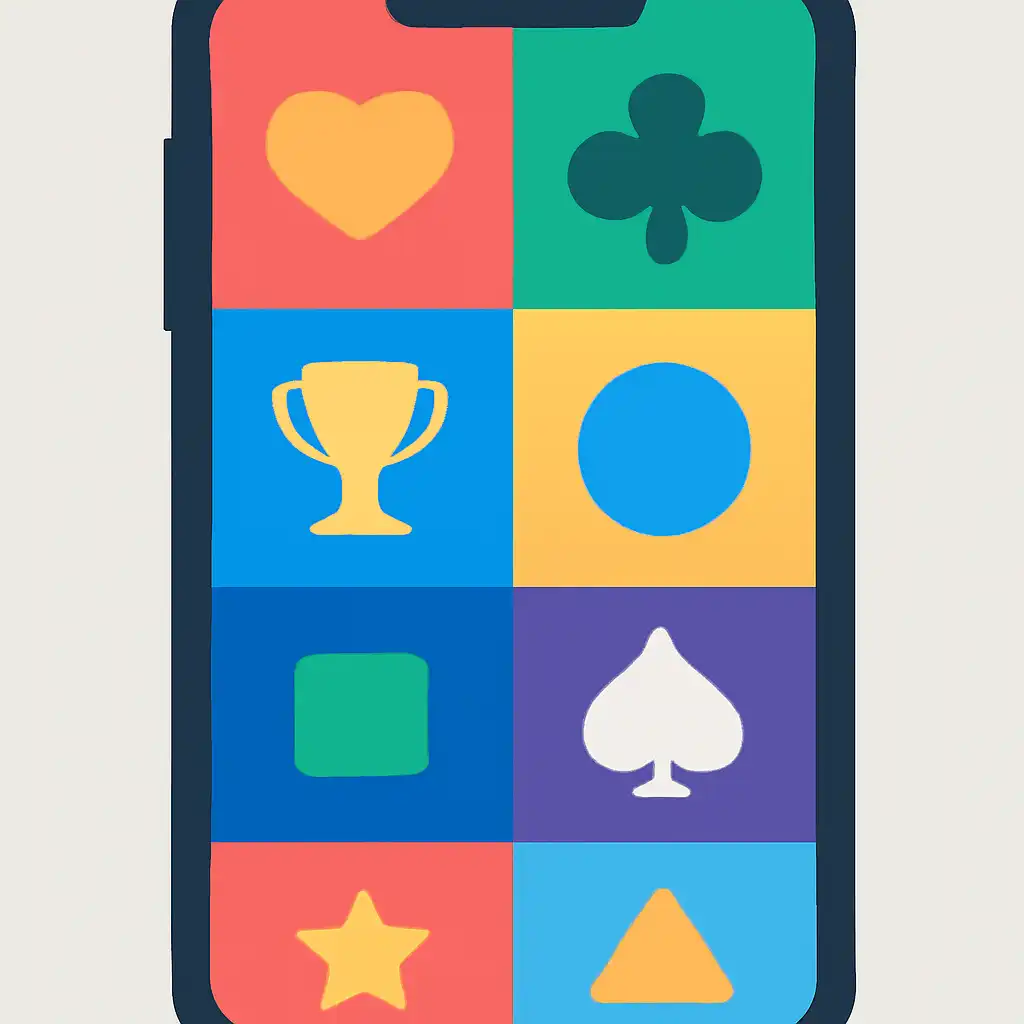 Smartphone shown from the front displaying a colourful flat layout of abstract game icons and rounded tiles (no text, no letters, no labels), Business