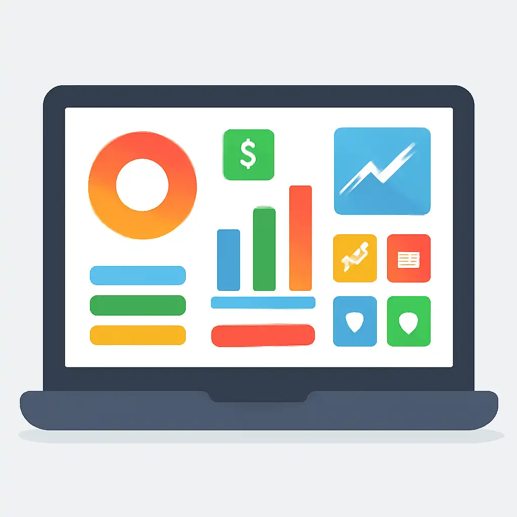 Laptop shown from the front displaying a colourful flat dashboard of abstract charts, bars and icon tiles (no text, no letters, no labels), Business