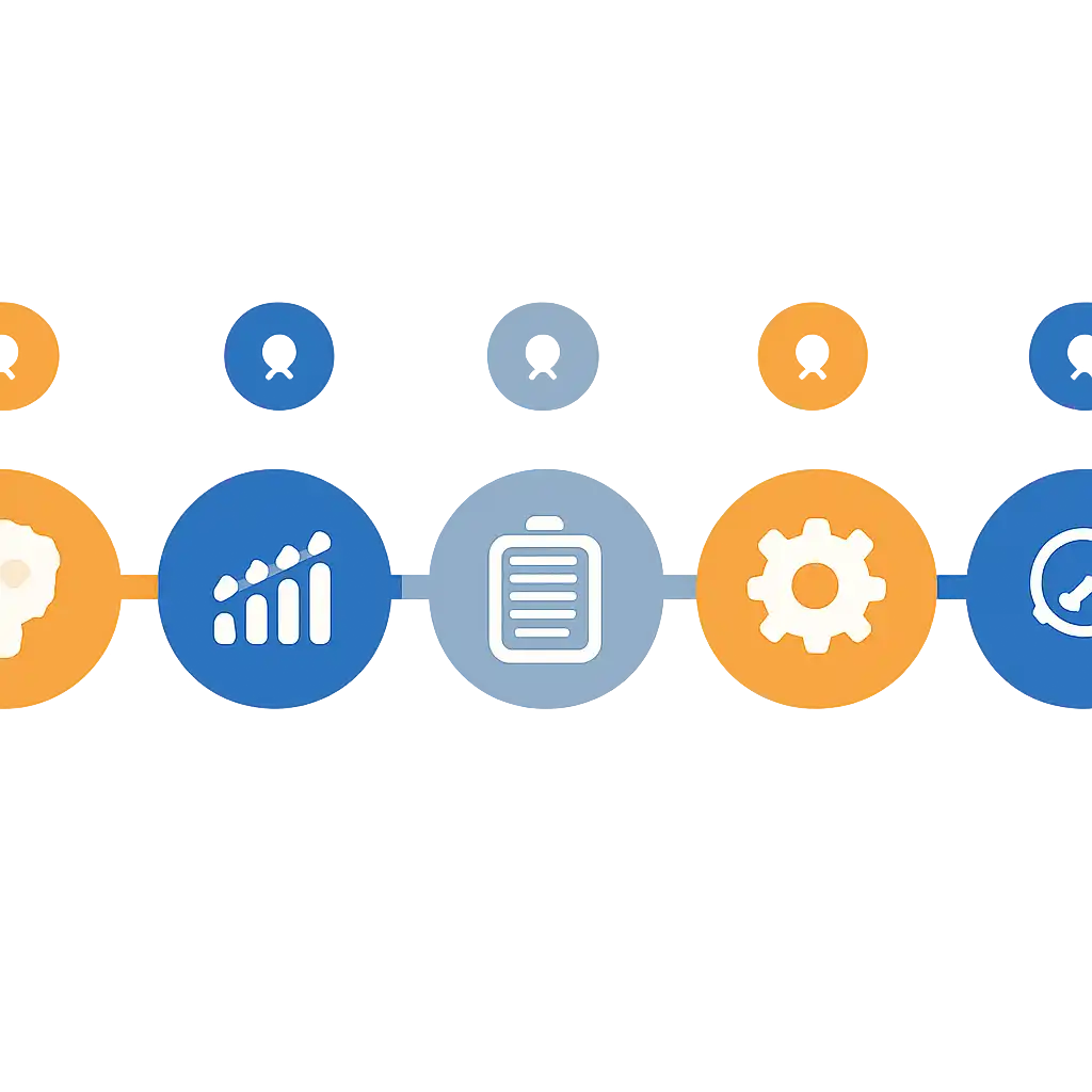 Five numbered circular icons connected by arrows in a horizontal flow, flat illustration, icons only, no words, Business steps